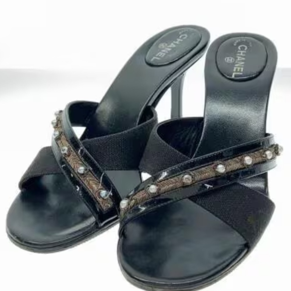 Chanel Black Heeled Sandals with Embellishments